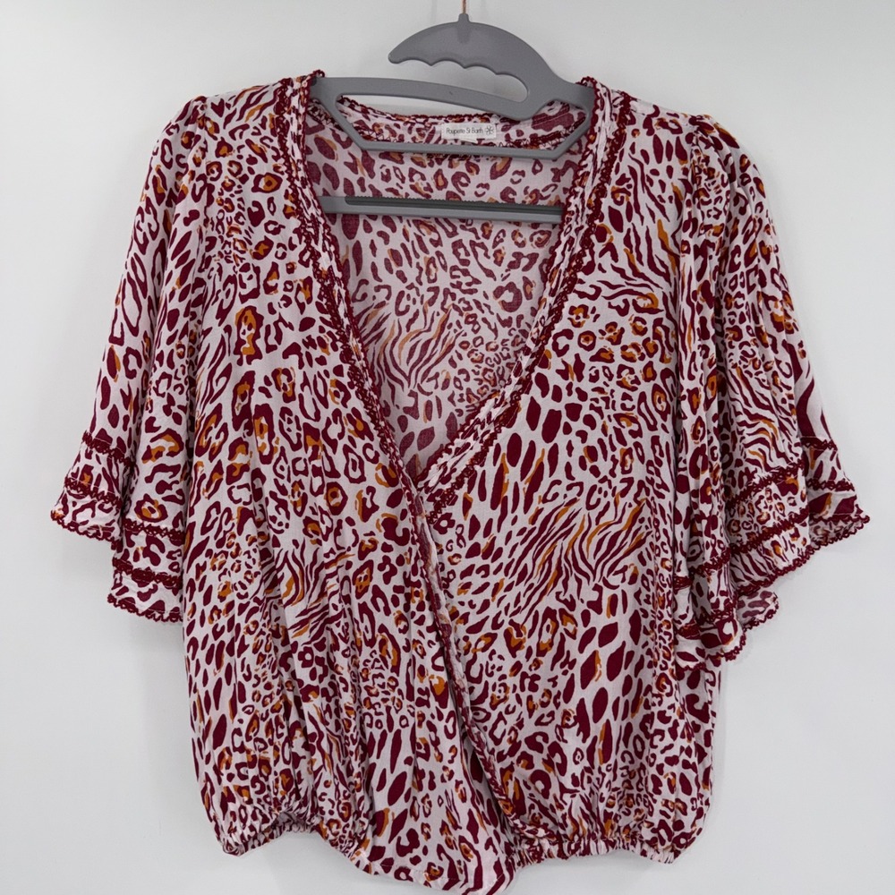 Poupette St Barth Red Leopard Print V-Neck Wrap Top Crochet Trim Size L